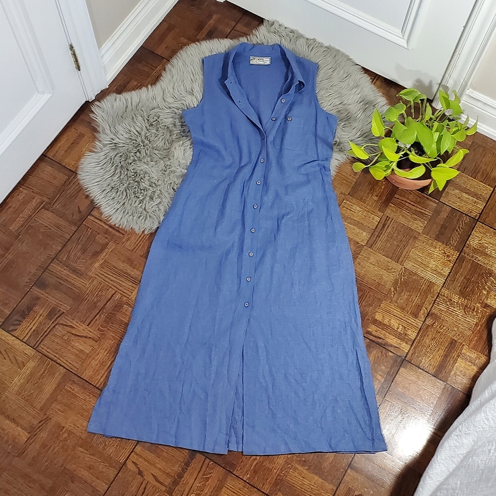 CALIFORNIA GIRL- Ladies Blue Linen Button Down Maxi Dress With Collar- L fit